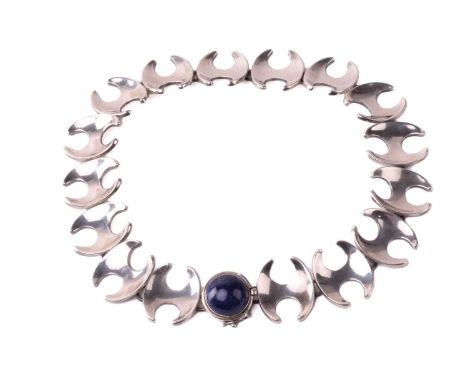 Georg Jensen - a necklace with sixteen concave links of stylised 'H' form, connected to a circular box clasp set with a sodal