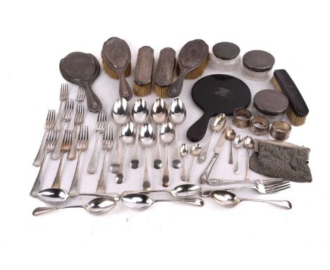 A five piece silver dressing table set; comprising a hand mirror, two hair brushes and a clothes brush, engine turned with mo