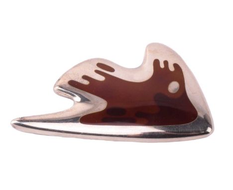 Georg Jensen - an abstract 'amoeba' brown enamel brooch, fitted with hinged pin stem and roll-over safety catch, designed by 