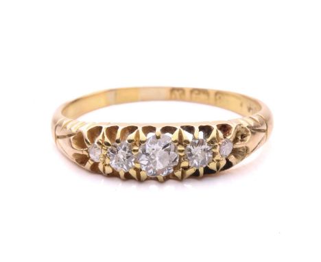 A Victorian five stone half hoop ring, set with a graduated row of old cut diamonds with a total estimated weight of 0.35cts,