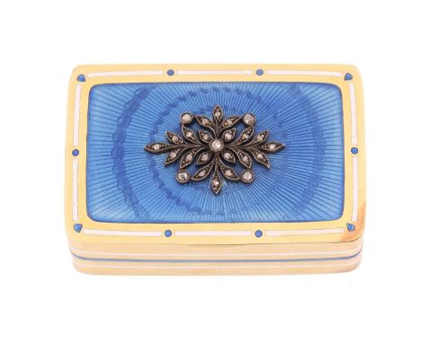 A continental diamond-set enamelled pill box, of rectangular form, the cover features an enamelled panel in translucent blue 
