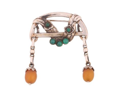 Georg Jensen - an Art Nouveau amber drop brooch set with chrysoprase, the arched frame with a floral garland draped over, col