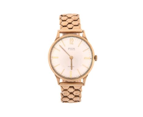 A 9ct gold Avia gents wristwatch, with a hand-wound mechanical movement in a 9ct gold case measuring 32.5mm with an off-white