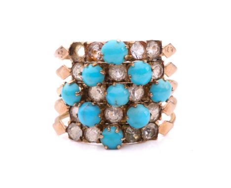 A five row turquoise and paste harem ring, formed of a hinged row of five stacked bands set with turquoise and paste, ring si