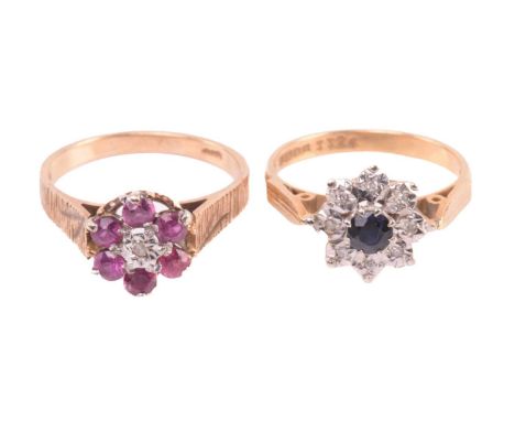 A sapphire and diamond cluster ring and a ruby and diamond cluster ring; the sapphire and diamond cluster ring in 18ct gold, 