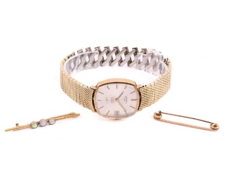 Two tie pins and a Rotary watch, featuring a three-stone opal set, a tie pin in yellow metal stamped 15ct/plat, a second tie 