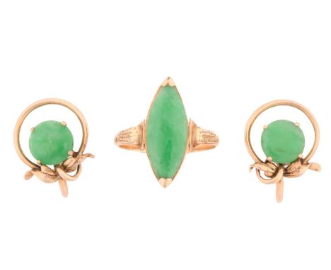 A pair of jade earrings and a dress ring; the earrings each containing a bright green round jade panel, claw set to a surroun