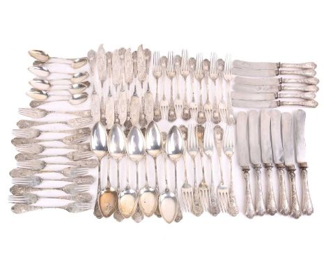 A loose canteen of German silver flatware, comprising six dinner forks, 11 dessert forks, 9 table spoons, 12 fish forks, 9 fi