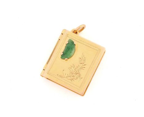 A jade locket pendant in the form of a book engraved with flowers and butterflies, set with a crescent shape jadeite and open