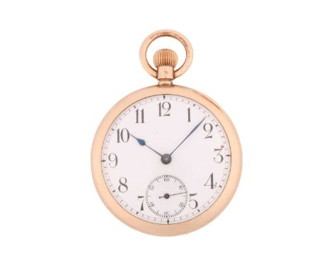 An open-face pocket watch in yellow metal stamped 14ct, featuring a keyless wound movement in a yellow metal case measuring 4