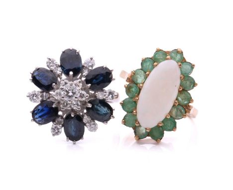 A sapphire and diamond flower head cluster ring with hallmarks for 18ct gold, ring size N, together with an opal and emerald 