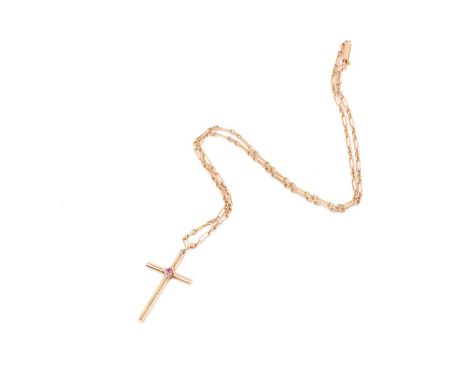 A garnet-set cross pendant on chain, the cross pendant centred with a circular-cut garnet in a closed-back setting, to a loop
