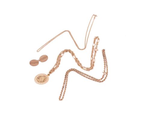A small collection of 9ct rose gold jewellery items; including a St.Christopher pendant on fancy loose rope chain, Italian an