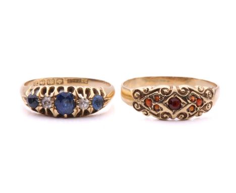 Two gem-set gold rings; to include an 18ct gold half hoop ring, set with sapphire and old-cut diamond in a carved claw settin