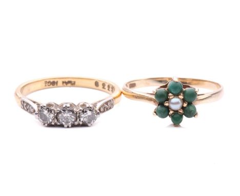 A turquoise and pearl flowerhead ring and a diamond trilogy ring; the cluster ring in 9ct gold, comprising a cluster of green