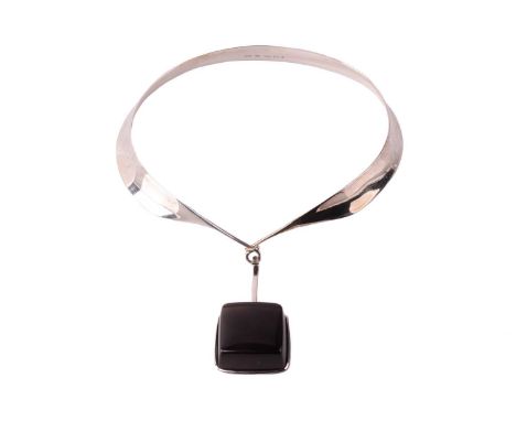 Georg Jensen - 'Neck Ring' with square smoky quartz drop pendant; comprising a streamlined tension clamp opening necklace, da