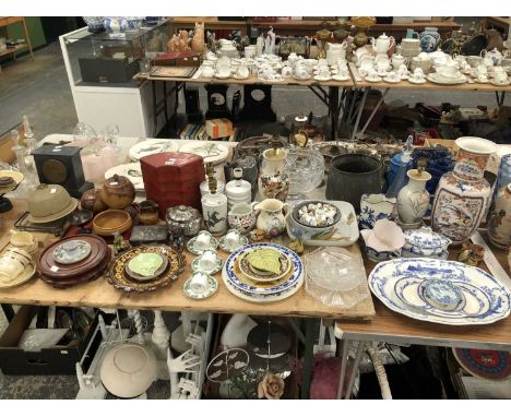 A nest of oriental red lacquer food boxes, table lamps, blue and white wares, treen, decorative plates and jugs, Aynsley coff
