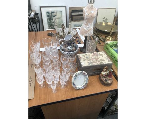 Cut drinking glass, a lace covered mannequin, a textile covered jewellery box, a musical photograph frame, etc.