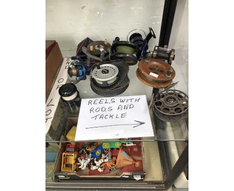 Collection of fishing reels with rods and tackle to include RimFly, Fario, Allcock, Shakespeare etc.