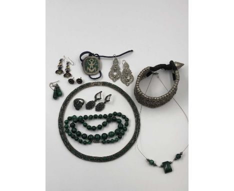 Jewellery to include an eastern silver tribal cuff, continental silver jewellery - three pairs of stone set earrings and a fu