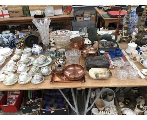 A contemporary horse sculpture, a copper hand-beaten Olbury bowl, a copper two-handed Oldbury tray, Saucepans, a copper bin, 