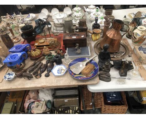 An oriental red lacquer tray, cinnabar lacquer boxes, a copper and another chocolate pot, various figures, a cloisonne dish, 