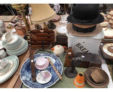 A Shelley Mabel Lucie Attwell tea pot, a bowler and a straw hat, an enamel 'Bread' bin, treen, a Delft blue and white dish, a
