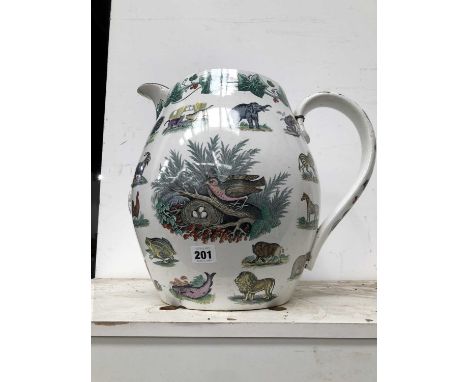 An Elsmore & Forster transferware large pottery jug depicting domestic and exotic animals and caricature scenes. H 37cms Widt