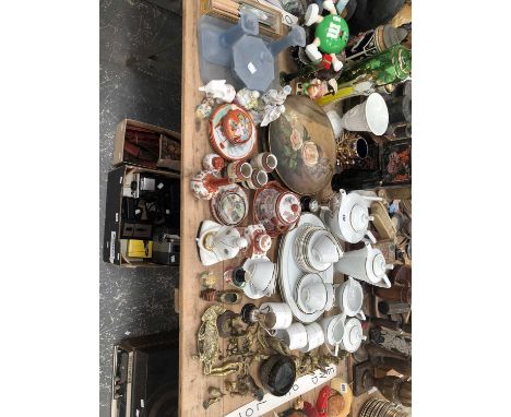 Simplicity Gold tea wares, some brass ware, Japanese eggshell, carnival and other glass, a pair of Torquay terracotta dishes 