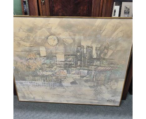 A large oil painting cityscape signed Lee Reynolds.