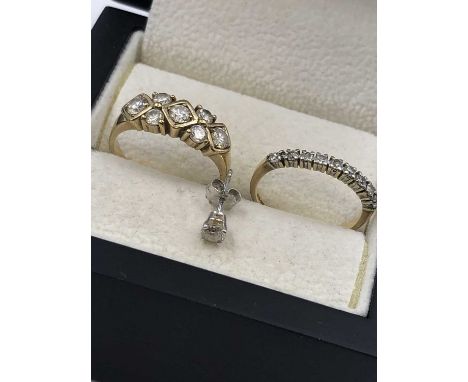 A 9ct hallmarked gold diamond half eternity ring, a further 9ct hallmarked gold dress ring, and a single diamond stud earring