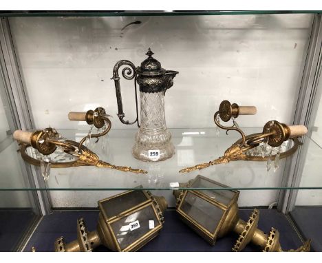 A pair of antique Girandole wall mirrors with crystal drops and etched plates, and an antique crystal and silver plated clara