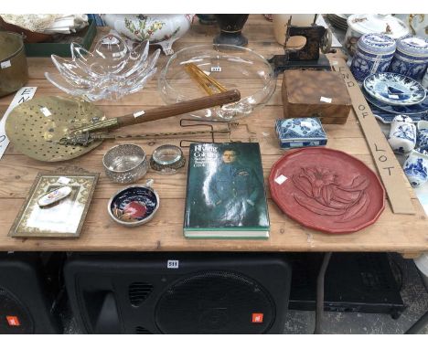 Two glass bowls, a cinnabar lacquer tray, a Chinese blue and white porcelain box, a child's sewing machine, a signed  Douglas