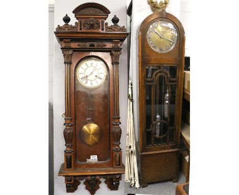 An Art Deco Oak Veneered Triple Weight Chiming Longcase Clock, circa 1930, 192cm high, and A Vienna Type Twin Spring Barrel W