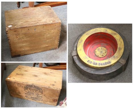 An Industrial Pine American Trunk, A Metal-Mounted Pitch Pine Small Trunk and A Manufactured Circular Mould (3)