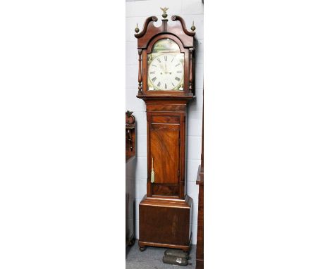 A Mahogany Eight Day Painted Dial Longcase Clock, circa 1830, 13" arch painted dial, indistinctly signed J. McNeice?, Newby, 