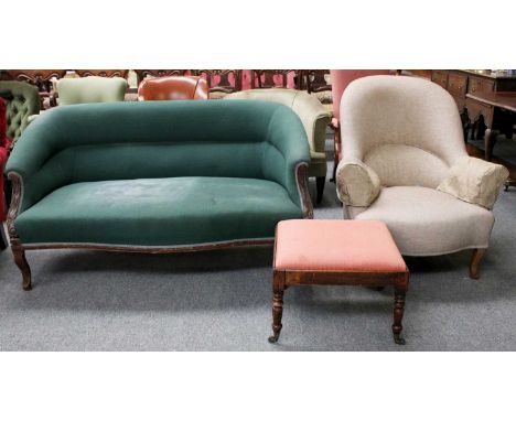 A Victorian Oatmeal Armchair, A Green Upholstered Sofa, and A Mahogany Framed Square Stool (3)