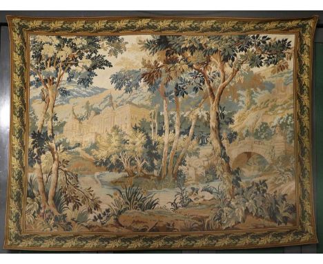 Machine Made "Gobelins" Tapestry, the field depicting a pallatial scene in a rural setting, enclosed by acanthus leaf borders