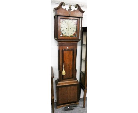 An Oak and Mahogany Eight Day Painted Dial Longcase Clock, early 19th century, 14'' square painted dial, signed J Douglas, Du