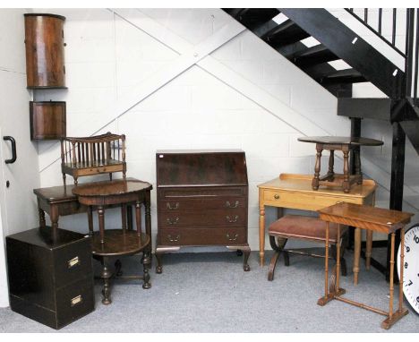 A Group of Furniture, comprising: A 19th Century Foldover Tea Table, A Canterbury, Two Lamp Tables, A Bureau, Two Small Bow F