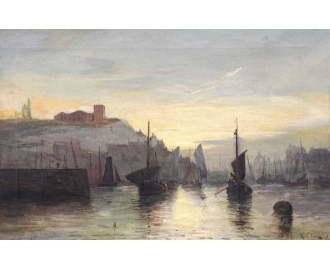 Ernest Dade (1864-1934)"Sunset at Whitby"Signed and dated (18)83, signed and inscribed verso, oil on canvas, 29cm by 34cmCove
