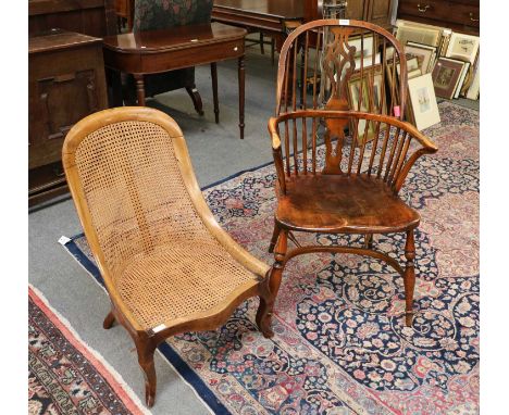 A Stick Back Windsor Armchair, with crinoline stretcher, and A Caned Nursing Chair (2)Windsor Armchair - with numerous scuffs