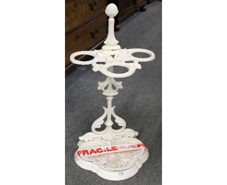 A White Painted Victorian Cast Iron Stick Stand, J &amp; Co mark, with drip pan, 70cm high