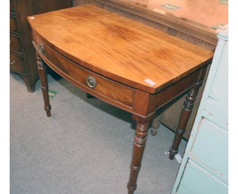 A Victorian Inlaid Walnut Work Table, 60cm by 40cm by 69cm, and A Bow Fronted Side Table, 19th century, on ring-turned suppor