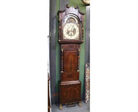 A Mahogany Inlaid Eight Day Longcase Clock, circa 1810, 15" arch painted dial with roling moon face aperture, 241cm highWith 