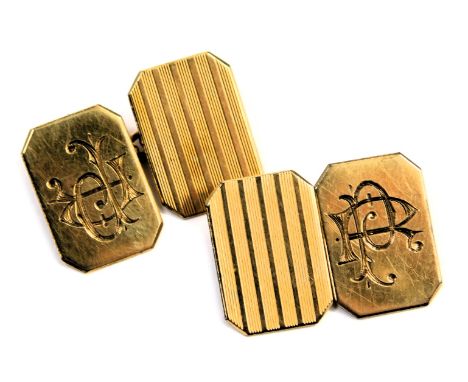 A pair of 9ct gold cufflinks, each of rectangular link with part engine engraved decoration and bearing the initials RP, with