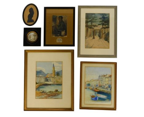 20thC School. Three watercolours depicting Continental scenes, river view in France, 16cm x 18cm, together with a portrait si