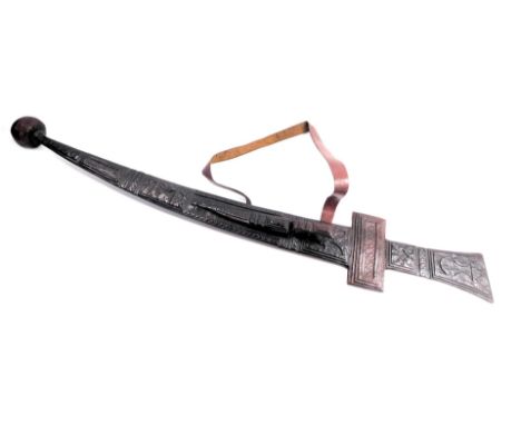 An Eastern curved blade knife, in red leather material scabbard, blade 52cm long.