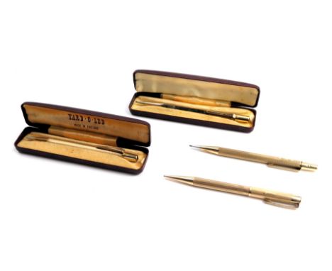 Four Yard O' Lead rolled gold pencils, two with engine turned decoration, one plain, and one initialled E C.