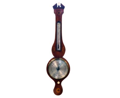 A Georgian mahogany banjo barometer, the silvered circular dial for J Cetta, 40 Hatton Garden London, with thermometer the ca